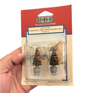 NEW!   Lemax Village Collection - 2 Christmas Trees with Poinsettas - Poly Resin